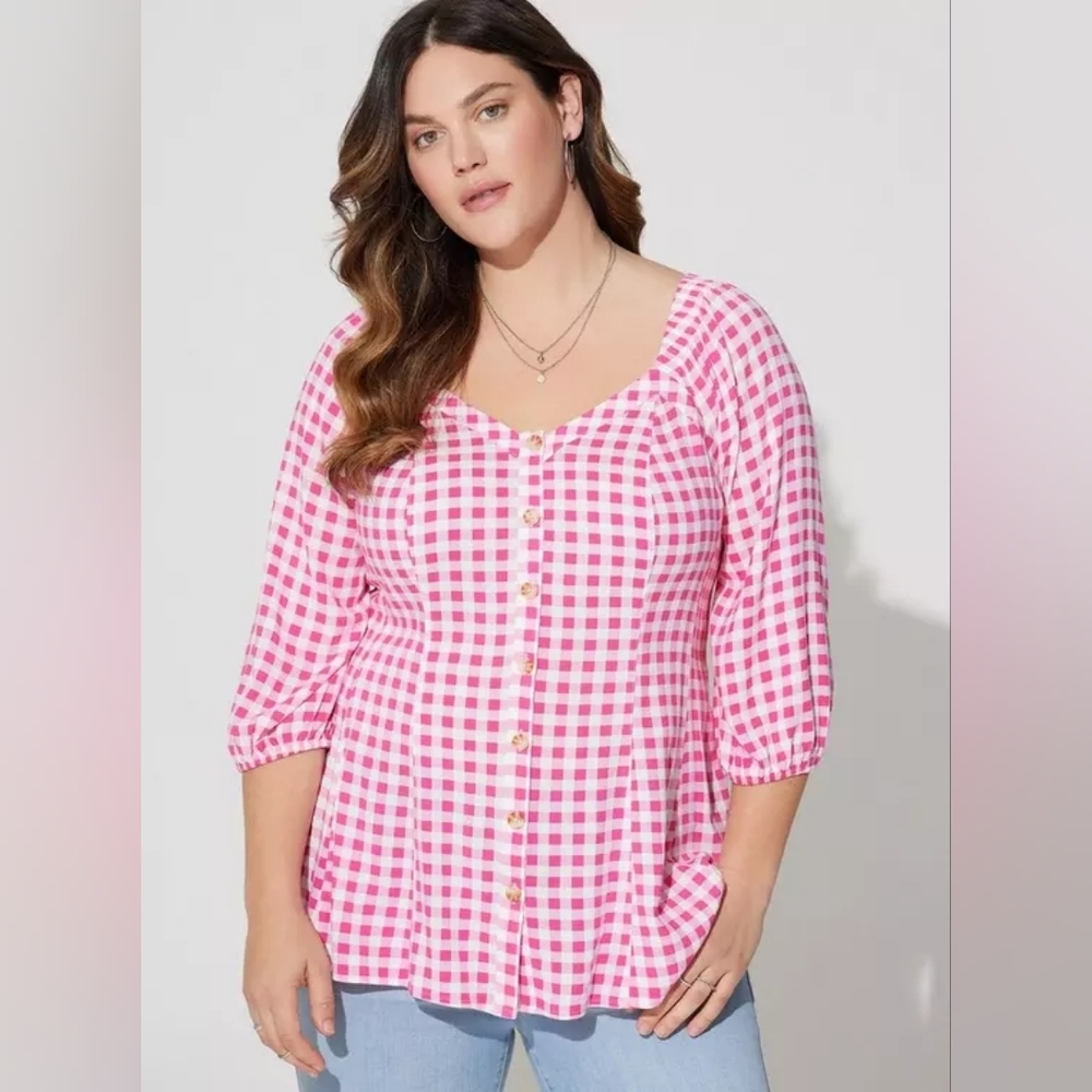 Torrid Pink Gingham Fit & Flare Rayon Slub Button Up 3/4 Sleeve Plus Size 2x